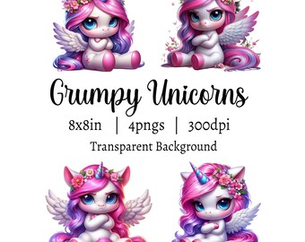 Cute Grumpy Unicorn Clipart, PNG Sublimation (Digital Download)