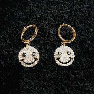 Paved Smiley Face Stainless Steel Huggie Hoop Earrings with Zircon,Valentine&#39;s Day Gift, gold,Minimalist Studs,emoji Jewellery,Tiny Dainty