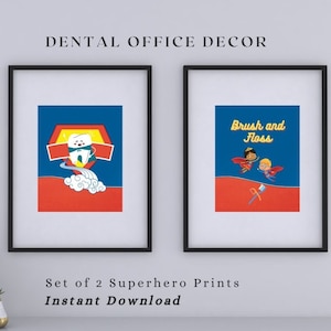 Superhero Dental Art Prints | Dentist Office or Kids Bathroom Printable Wall Art Set | Digital Download