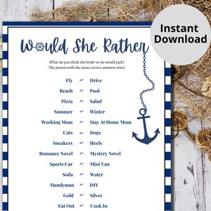 Bachelorette Party Games Printable/Would She Rather/Printable Bachelorette Party Games/Bridal Shower Games/Nautical Themed Adult Games