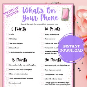 Teen Birthday Party Games/Whats On Your Phone/Girls Slumber Party Games/Printable Girls Birthday Party Game/Sweet 16 Party Game/Pink Party