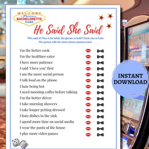 Las Vegas Bachelorette Party Games Printable/He Said She Said/Printable Bachelorette Party Games/Fun Bachelorette Party Games/Bride To Be