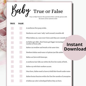 Baby Shower Trivia Games/Baby Shower True or False/Printable Girl Baby Shower Games/Pink Baby Shower Games/Baby Shower Activities