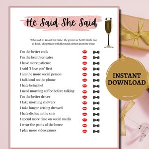 He Said She Said Bachelorette Party Games Printable/Bridal Shower Games/Rose Gold Themed Bachelorette Party and Bridal Shower Games