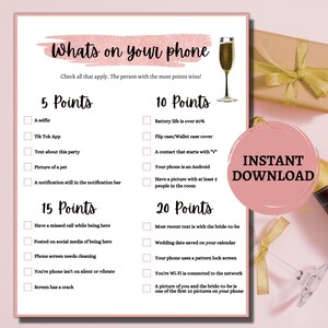What&#39;s on Your Phone Bridal Shower Games Printable/Bachelorette Party Games Printable/Rose Gold Bridal Shower Games Instant Download