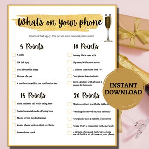 What&#39;s on Your Phone Bridal Shower Games Printable/Bachelorette Party Games Printable/Gold and Black Bridal Shower Games Instant Download