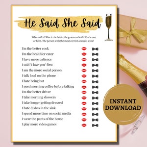 He Said She Said Bachelorette Party Games Printable/Bridal Shower Games/Gold and Black Themed Bachelorette Party and Bridal Shower Games