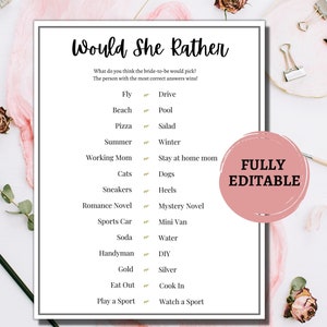 Would She Rather/Bridal Shower Games/Bachelorette Party Games/Bridal Shower Games Printable/Editable Bridal Shower Game/Minimalist/Hen Party