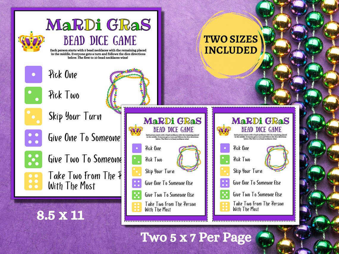 Mardi Gras Bead Dice Game/mardi Gras Printable Party Game/fat Tuesday Roll the Dice Game