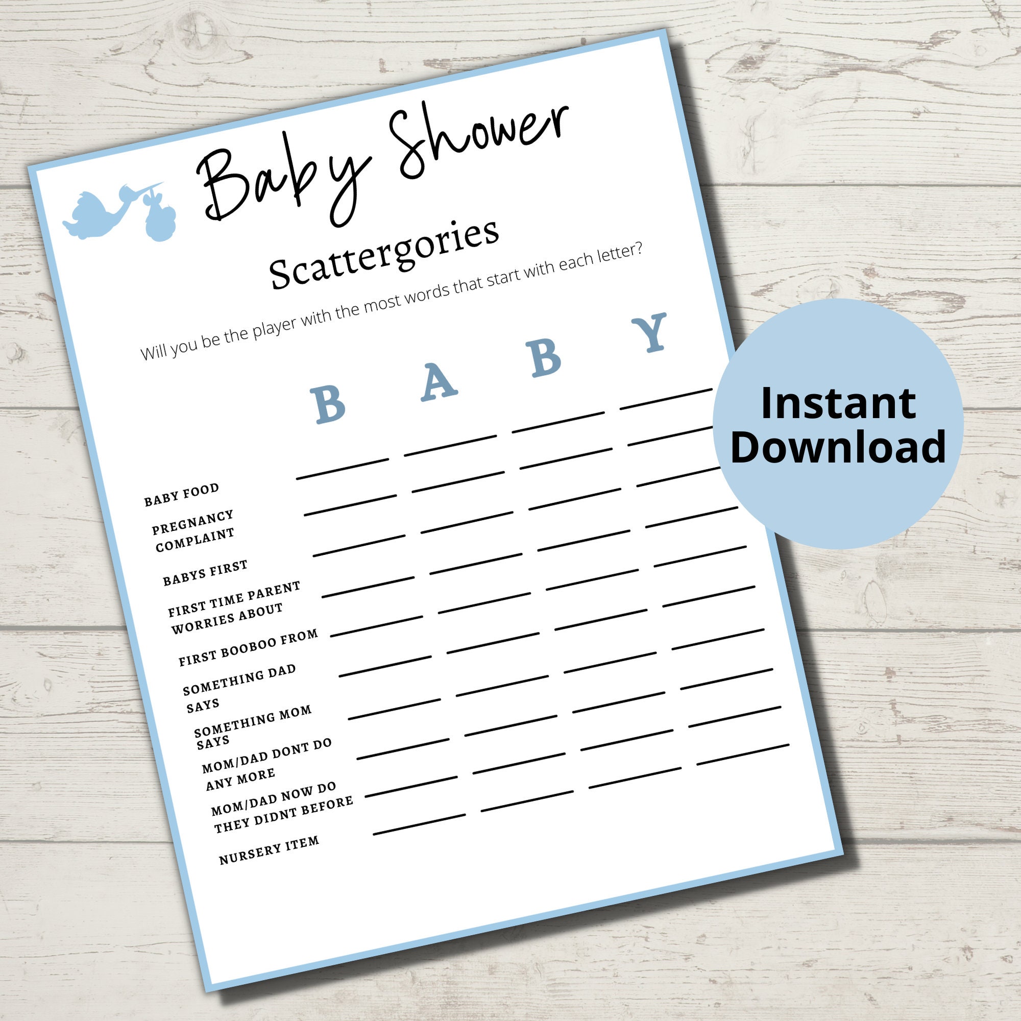 Baby Shower Scattergories Printable Games/blue Baby Shower - Etsy
