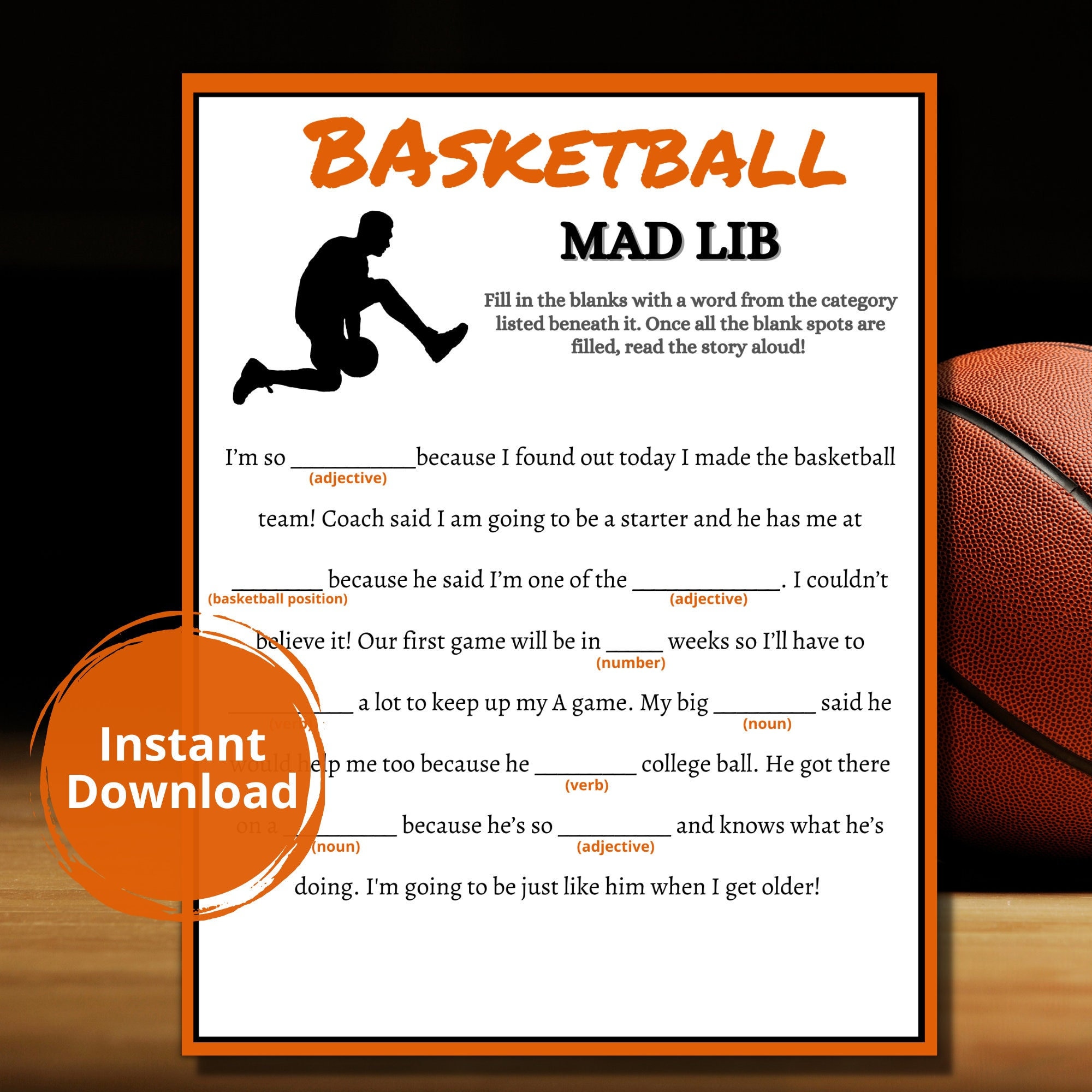 Basketball Game Printable Mad Lib/printable Basketball Party Games ...