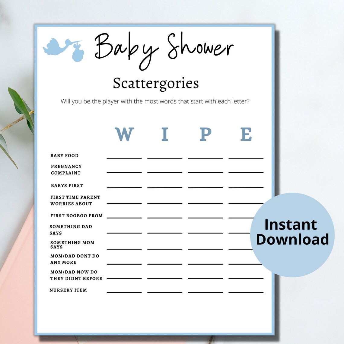 Baby Shower Scattergories Printable Games/blue Baby Shower - Etsy