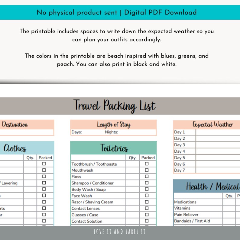 May include: A printable travel packing list with sections for clothes, toiletries, expected weather, and health/medical items. The list includes checkboxes for quantity and packed status. The printable is beach-themed with blue, green, and peach colors.