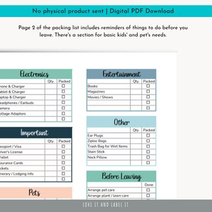 May include: A printable packing list checklist with sections for electronics, entertainment, other, important, pets, and before leaving. The checklist includes columns for quantity and packed.
