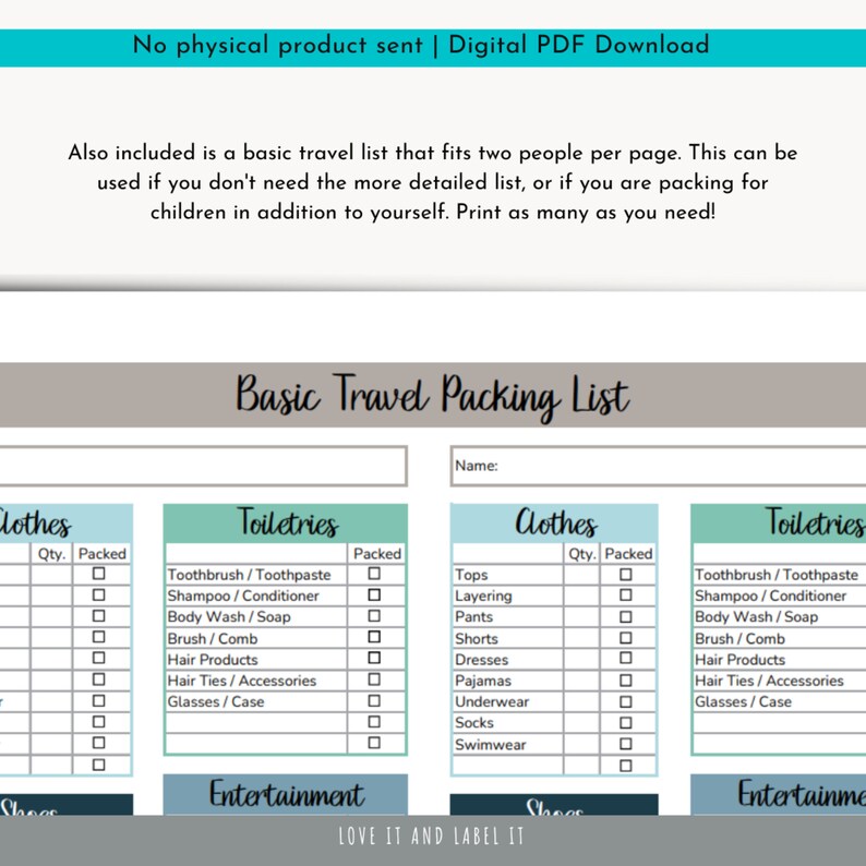 May include: A printable travel packing list with sections for clothes, toiletries, and entertainment. The list is designed for two people and includes checkboxes for each item to mark as packed.