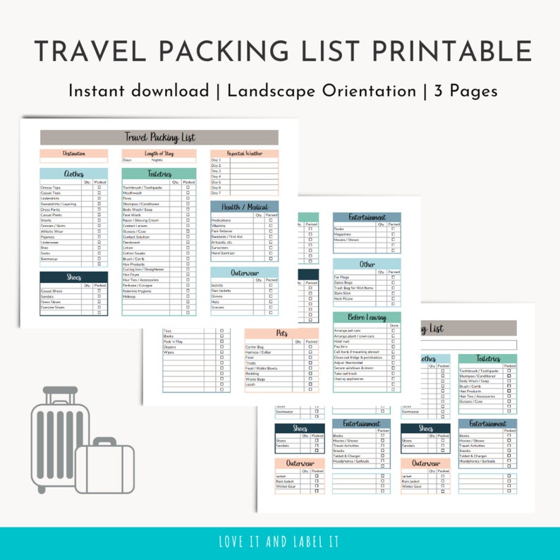 May include: Printable travel packing list with three pages. The first page has a checklist for clothes, toiletries, health and medical items, and outerwear. The second page has checklists for entertainment, other items, pets, and things to do before leaving. The third page has checklists for toiletries, clothes, shoes, entertainment, and outerwear.