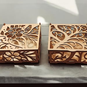 Spessore 3mm e  2mm.Modello taglio laser di 2 scatole in legno stile floreale.Formato SVG DXF. 2 templates of floral boxes digital files.