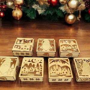Spessore 2mm-3mm.Modello per taglio laser di 7 scatole natalizie formato SVG DXF. 7 Christmas wooden box templates laser cut digital files.