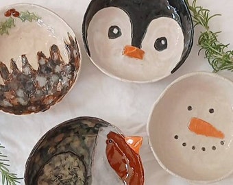 Handmade Ceramic Christmas Bonbon Bowls/Dishes. Robin, Penguin, Pudding, Snowman Pottery Designs.