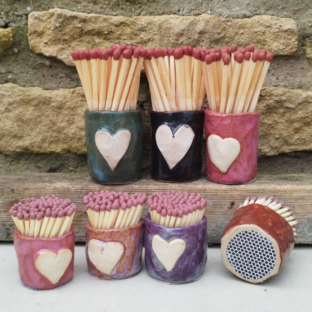 Handmade Match Set Heart Design Handmade Ceramic Match Holder & Strikers With Matches ...