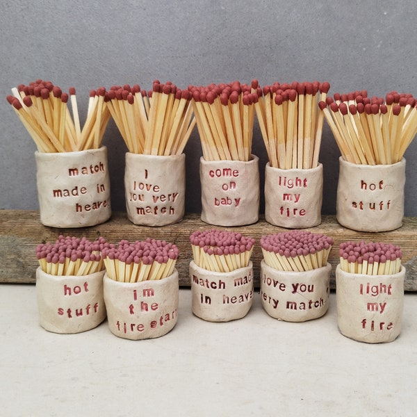 Handmade Ceramic Match Holder Strikers complete with matches & fun fire lighting puns words. Romantic Silly Winter Gift Idea. Short or Tall.