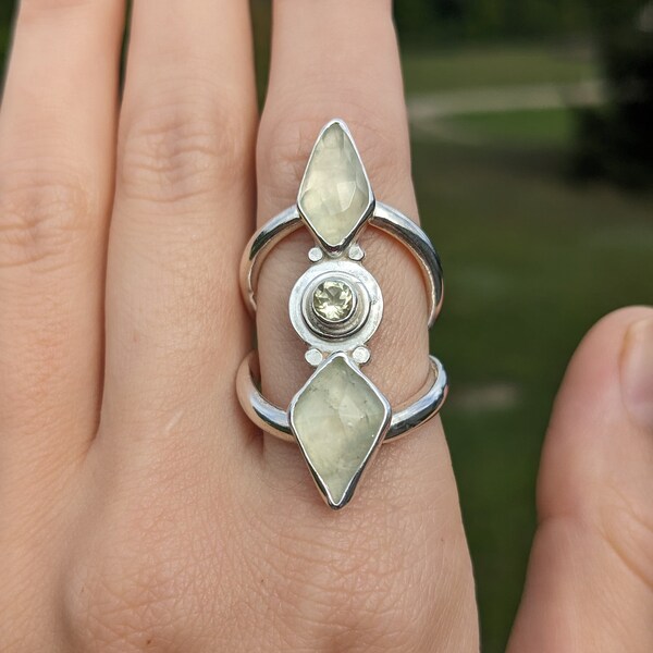 Trilogy Ring - (Rose Cut Pastel Green Prehnite, Bright Faceted Citrine, Solid Sterling Silver, Completely hand fabricated)