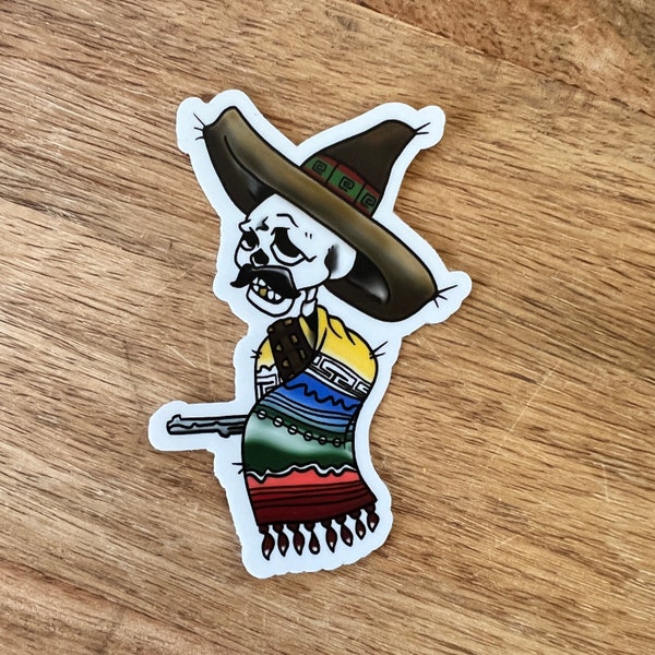 Pancho Villa, Calavera Sticker, Mexican Folk Art, Sarape Mexicano Skull Sticker, Gunslinger, Vaquero Vinyl Sticker, Waterproof Sticker,