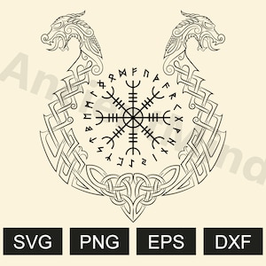 Puede incluir: Ilustración en blanco y negro de línea de arte de una brújula vikinga con dos cabezas de dragón a cada lado. La brújula está rodeada de runas.