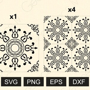 May include: Black and white decorative tile design with a floral pattern. The design is shown in two versions: a single tile and a set of four tiles.