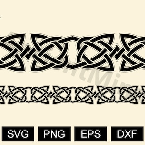 Puede incluir: Diseño de borde de nudo celta en blanco y negro. El diseño es un patrón repetitivo de nudos entrelazados. El diseño es adecuado para usar como borde o adorno.