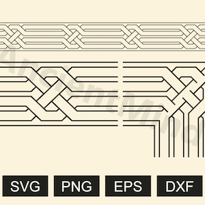 Puede incluir: Diseño de arte de línea en blanco y negro de un patrón geométrico. El patrón está formado por formas repetidas que crean una sensación de movimiento y flujo. El diseño es perfecto para usar como borde o elemento decorativo.