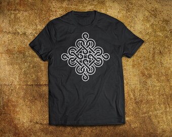 Może przedstawiać: Czarny t-shirt z białym geometrycznym wzorem stylizowanego węzła.