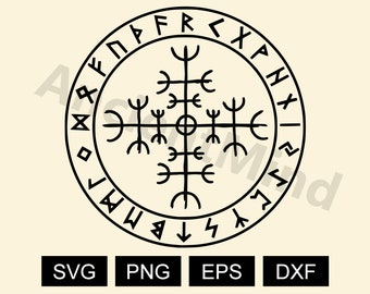 Może przedstawiać: Czarno-biała ilustracja okrągłego symbolu z runami wokół zewnętrznej krawędzi i stylizowanym krzyżem w środku.