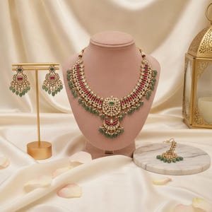 Kundan Ruby Emerald Necklace Set | Traditional South Asian Bridal Jewelry | Desi Elegance