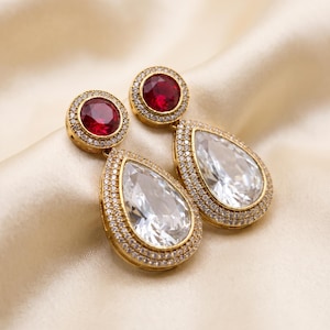Ruby Red American Diamond Dangler Earrings | Glamorous Festive Jewelry | Handcrafted