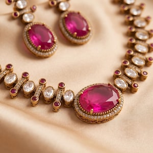 May include: A jewelry set consisting of a necklace and earrings featuring large oval-cut fuchsia pink stones surrounded by small clear white crystals. The metal settings are a muted gold tone with intricate filigree details and small red accents.