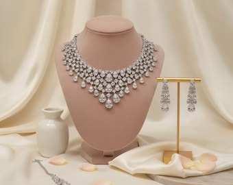 Silver American Diamond Necklace Set | Modern Bridal Jewelry | Wedding Guest