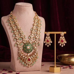 May include: A gold-toned necklace and matching earring set featuring intricate metalwork, clear stones, light green teardrop-shaped beads, and a prominent central circular pendant with green stones and a single red stone at the bottom of the necklace.