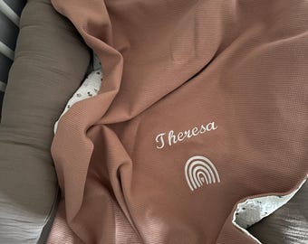 Personalized baby blanket/ Name + picture embroidered/ Waffle knit Jersey/ Also available as a set for newborns/Birthday/ Stroller blanket/