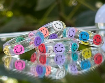 rainbow smiley face resin ring || cute chunky stackable rings ||
