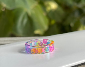 Neon rainbow smiley face resin ring || cute stackable rings ||