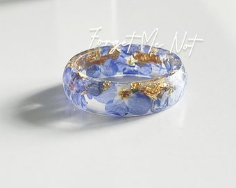 Bague myosotis - Jonc floral avec fleurs bleu clair et flocons or/argent/or rose - Bijoux en résine