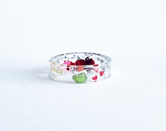 The Green Guy who Stole Christmas Resin Ring | Red Hearts and Glitter stackable Christmas ring