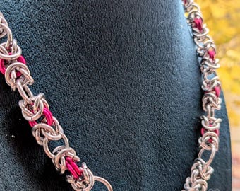 Hand made pink and silver chainmaille necklace