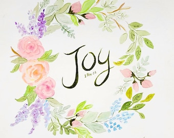 Floral Wreath "Joy" Watercolor Print, Wall Art, Original