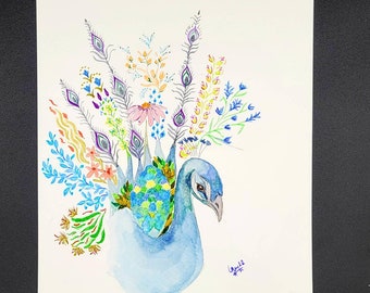 Pretty Peacock Watercolor Print, Wall Art, Original