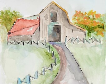 Lane to the Barn in Fall Watercolor Wall Art Painting Digital Art