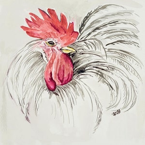 Rooster Black, White, Gray Watercolor Painting Wall Art Farmhouse