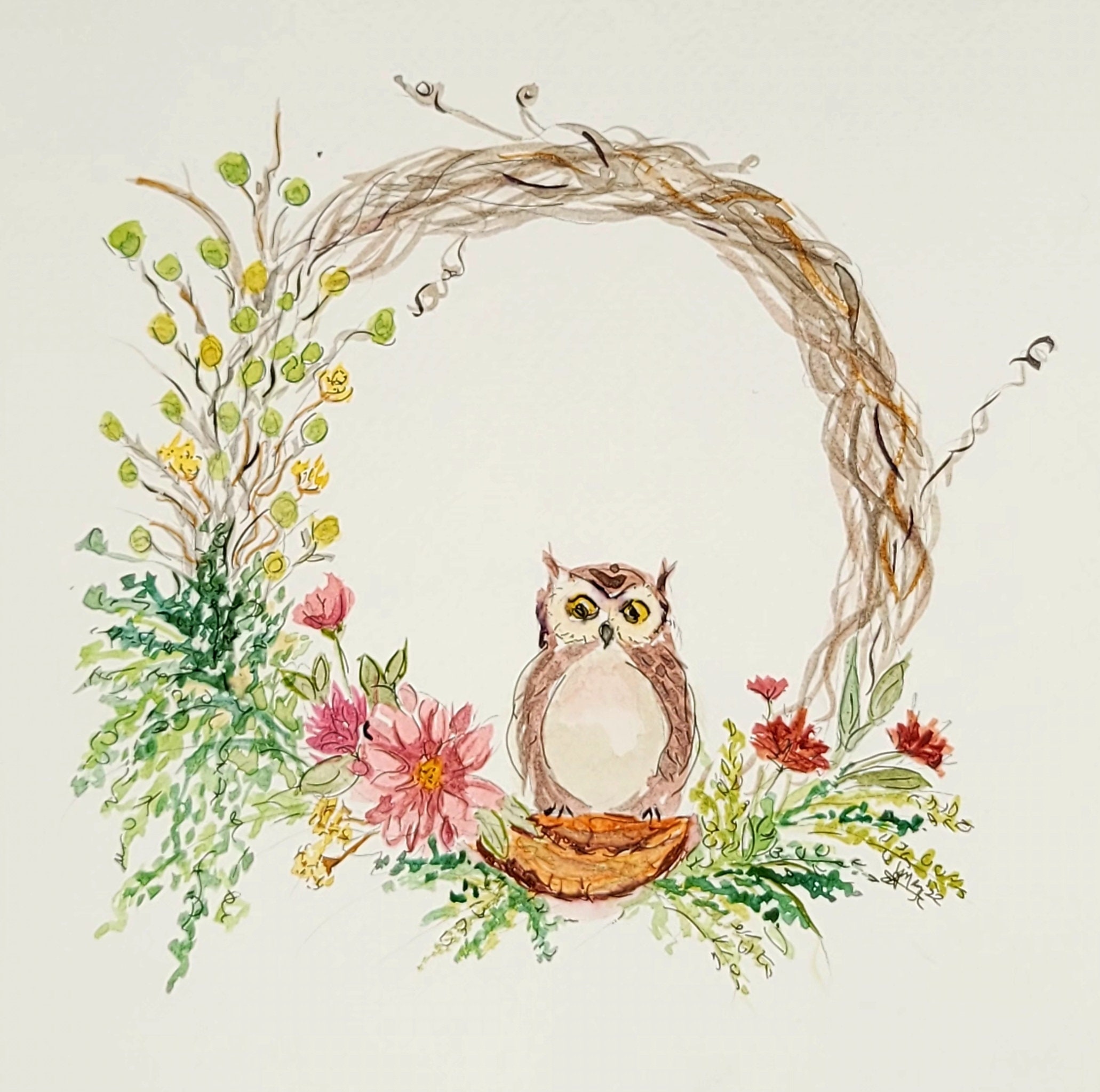 Floral Owl Wreath, Fall Colors, Watercolor Painting