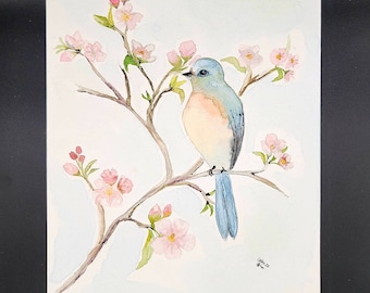 Bluebird in the Cherry Blossoms Watercolor Print, Wall Art, Original